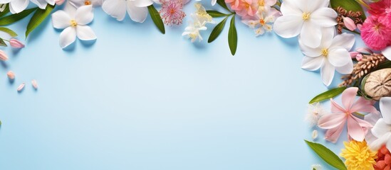 Sticker - Top view beauty banner featuring a summer themed white cosmetics frame The image offers ample copy space for creative additions