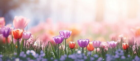 Fototapete - A background image capturing the beauty of blooming flowers during spring with ample copy space for text or other elements