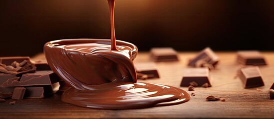 Aufkleber - Closeup of delicious milk chocolate paste being poured onto pieces on a wooden table Ample copy space image available