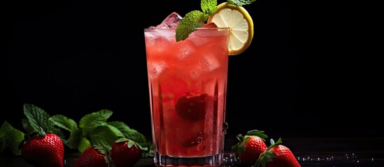 Poster - A refreshing drink of homemade strawberry lemonade with a hint of basil is showcased on a dark background allowing for copy space