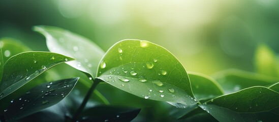 Leinwandbilder - Blurry green leaf wallpaper background with a close up water drop on green leaves in nature providing ample copy space image