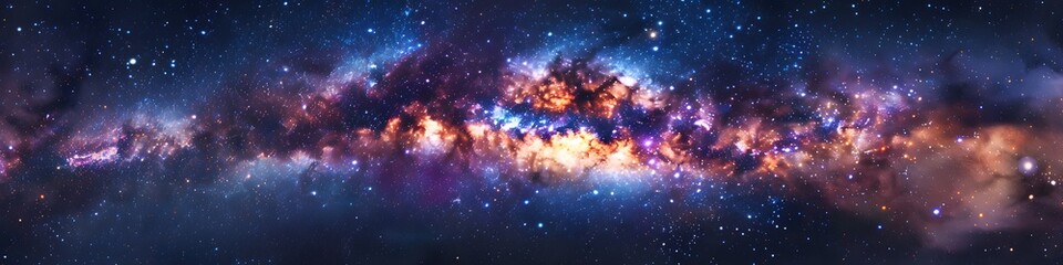 Panoramic astrophotography of visible Milky Way galaxy. Stars, nebula and stardust at night sky