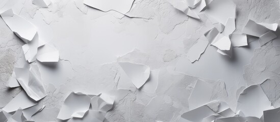 Leinwandbilder - An assortment of torn paper pieces in shades of white displayed on a textured gray backdrop creating a versatile copy space image
