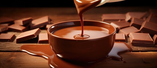 Aufkleber - Closeup of delicious milk chocolate paste being poured onto pieces on a wooden table Ample copy space image available