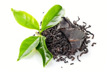 Canvas Print - Black Ceylon tea on white background with dry and fresh leaves