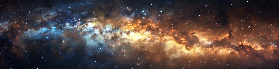 Panoramic astrophotography of visible Milky Way galaxy. Stars, nebula and stardust at night sky