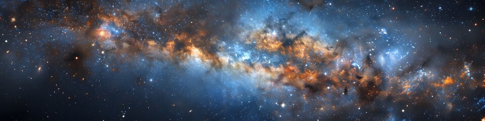 Panoramic astrophotography of visible Milky Way galaxy. Stars, nebula and stardust at night sky