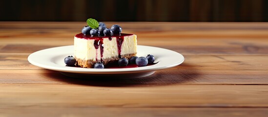 Poster - A blueberry cheesecake is displayed on a white dish placed on a wooden table creating a visually appealing copy space image