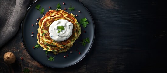Poster - A top view copy space image of potato and zucchini pancakes accompanied by sour cream placed on a dark table