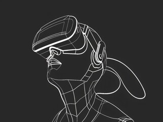 Poster - VR headset in captivating white one-line minimal modern drawings, wireframe style, simplicity and elegance