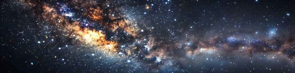 Panoramic astrophotography of visible Milky Way galaxy. Stars, nebula and stardust at night sky
