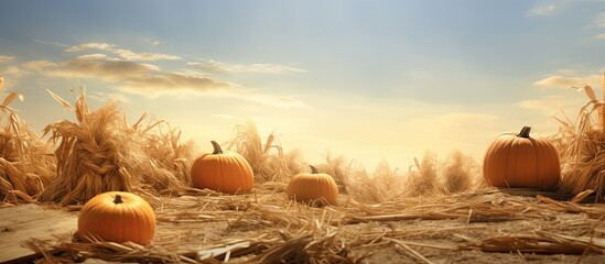 Poster - In the daylight pumpkins sit atop haystacks creating a picturesque scene with spaciousness for text or graphics. Creative banner. Copyspace image