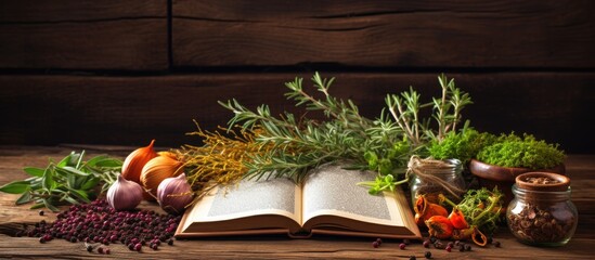 Poster - Copy space image of an open recipe book displaying an assortment of fresh herbs and spices placed against a rustic wooden backdrop