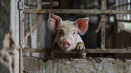 A pig alone in a cement pen, Ai generated Images