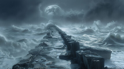 Wall Mural - A dramatic digital artwork depicting a moonlit stone pathway extending into a turbulent ocean under a full moon.