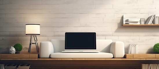 Aufkleber - Modern living room with a laptop computer displaying a blank screen perfect for adding a copy space image