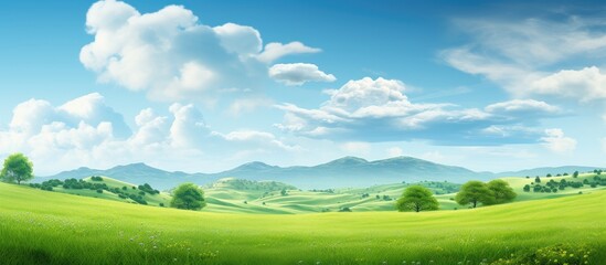 Wall Mural - Scenic image of lush green landscape Accommodates text. Creative banner. Copyspace image