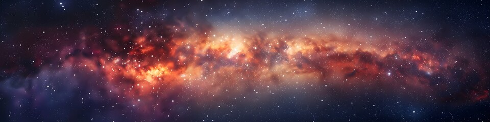 Panoramic astrophotography of visible Milky Way galaxy. Stars, nebula and stardust at night sky