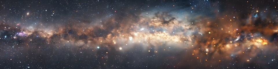 Panoramic astrophotography of visible Milky Way galaxy. Stars, nebula and stardust at night sky