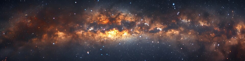 Panoramic astrophotography of visible Milky Way galaxy. Stars, nebula and stardust at night sky