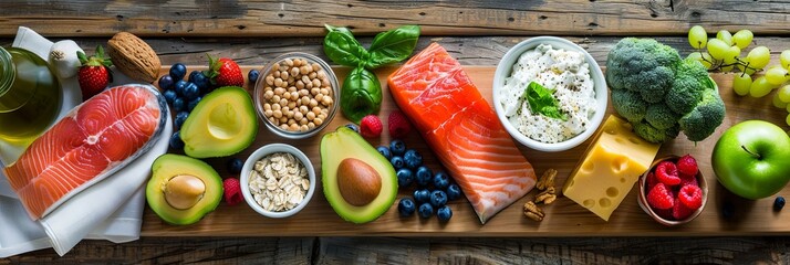 Selection of Healthy Food on Rustic Wooden Background