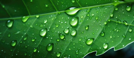 Leinwandbilder - Copy space image of a dew covered green leaf