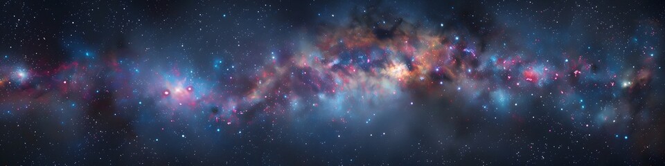 Panoramic astrophotography of visible Milky Way galaxy. Stars, nebula and stardust at night sky