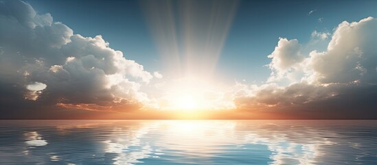 Poster - A stunning wallpaper featuring a serene image of the sun s reflection on a water pool surrounded by clouds Perfect as a copy space image