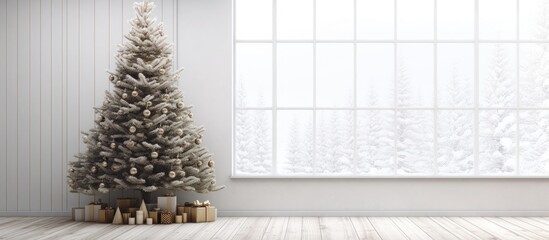 Poster - A Christmas tree made of fir placed on a background of white wood with room for additional images or text