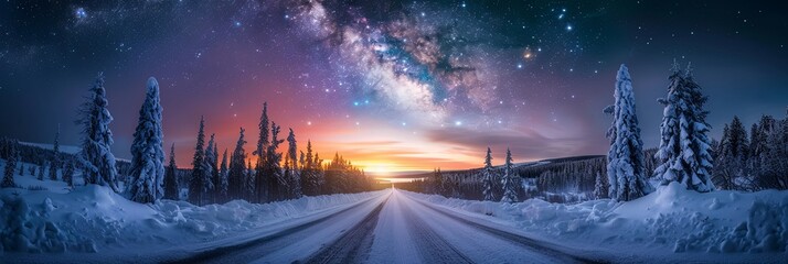 Road Leading Towards Colorful Sunrise Between Snow-Covered Trees with Epic Milky Way in the Sky