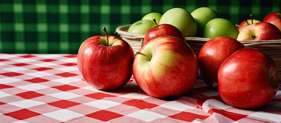 Canvas Print - a copy space image of red apples arranged on a checkered napkin atop a table with a backdrop of gree