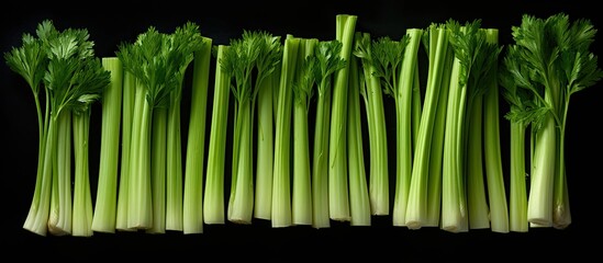 Sticker - Celery sticks arranged on a black background for a copy space image