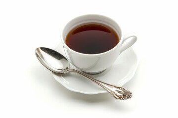 Sticker - Black tea cup and spoon on white background