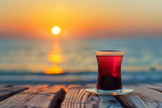 Black tea in glass on old wooden table overlooking sunset on Turkish sea coast