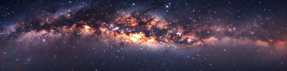 Panoramic astrophotography of visible Milky Way galaxy. Stars, nebula and stardust at night sky