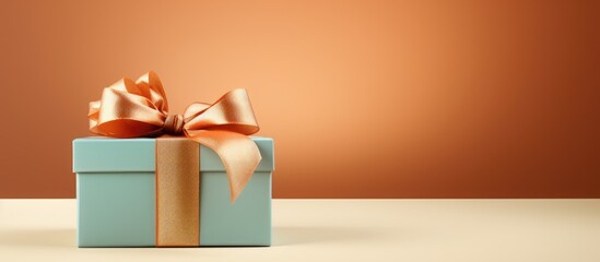 Poster - A gift box in beige with an open lid placed on a background of complementary colors with copy space image