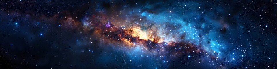 Panoramic astrophotography of visible Milky Way galaxy. Stars, nebula and stardust at night sky
