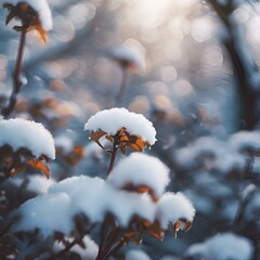 Sticker - AI generated illustration of snow-covered flowers with sunlight filtering through trees