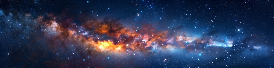 Panoramic astrophotography of visible Milky Way galaxy. Stars, nebula and stardust at night sky