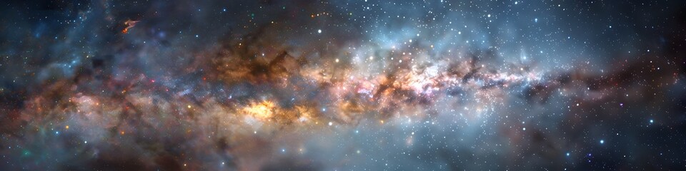 Panoramic astrophotography of visible Milky Way galaxy. Stars, nebula and stardust at night sky