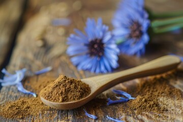 Sticker - Blue chicory flower and chicory powder on wooden table a healthy coffee substitute