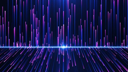 Abstract digital background with glowing neon particles flying upward. movement of a stream of glowing bright lines of particles. digital science, technology background. Seamless loop 