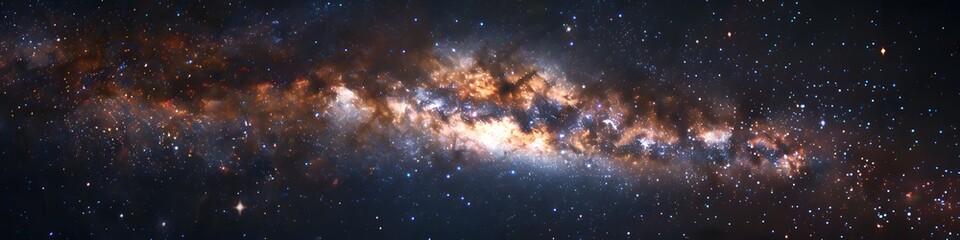 Panoramic astrophotography of visible Milky Way galaxy. Stars, nebula and stardust at night sky