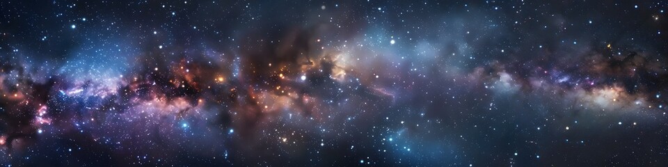 Panoramic astrophotography of visible Milky Way galaxy. Stars, nebula and stardust at night sky