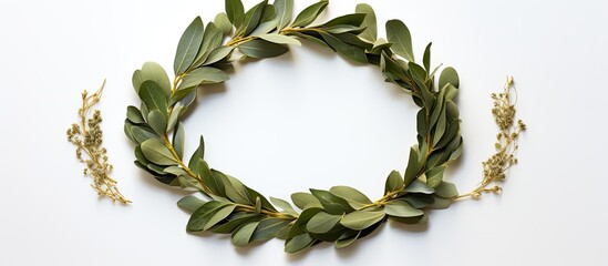 Poster - Dried laurel leaf seasoning showcased in a copy space image an isolated wreath made of laurel leaves on a white background