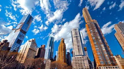 Wall Mural - Urban skyline against a blue sky dotted with clouds. Modern high-rises soar. Ideal for background or architectural themes. Vibrant cityscape scene. AI