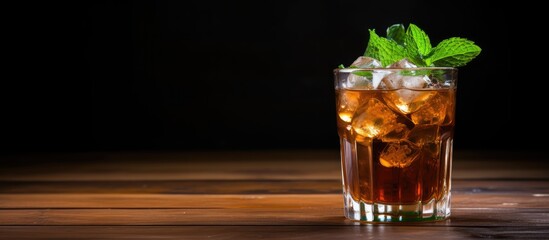 Poster - A copy space image of cold tea served with ice and fresh mint on a wooden background