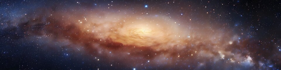 Panoramic astrophotography of visible Milky Way galaxy. Stars, nebula and stardust at night sky