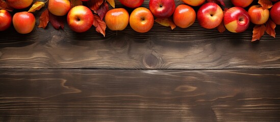 Poster - A top view shows a rustic wooden table adorned with ripe red apples and raw orange pumpkins offering plenty of copy space