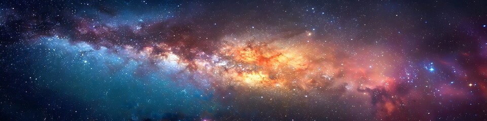 Panoramic astrophotography of visible Milky Way galaxy. Stars, nebula and stardust at night sky